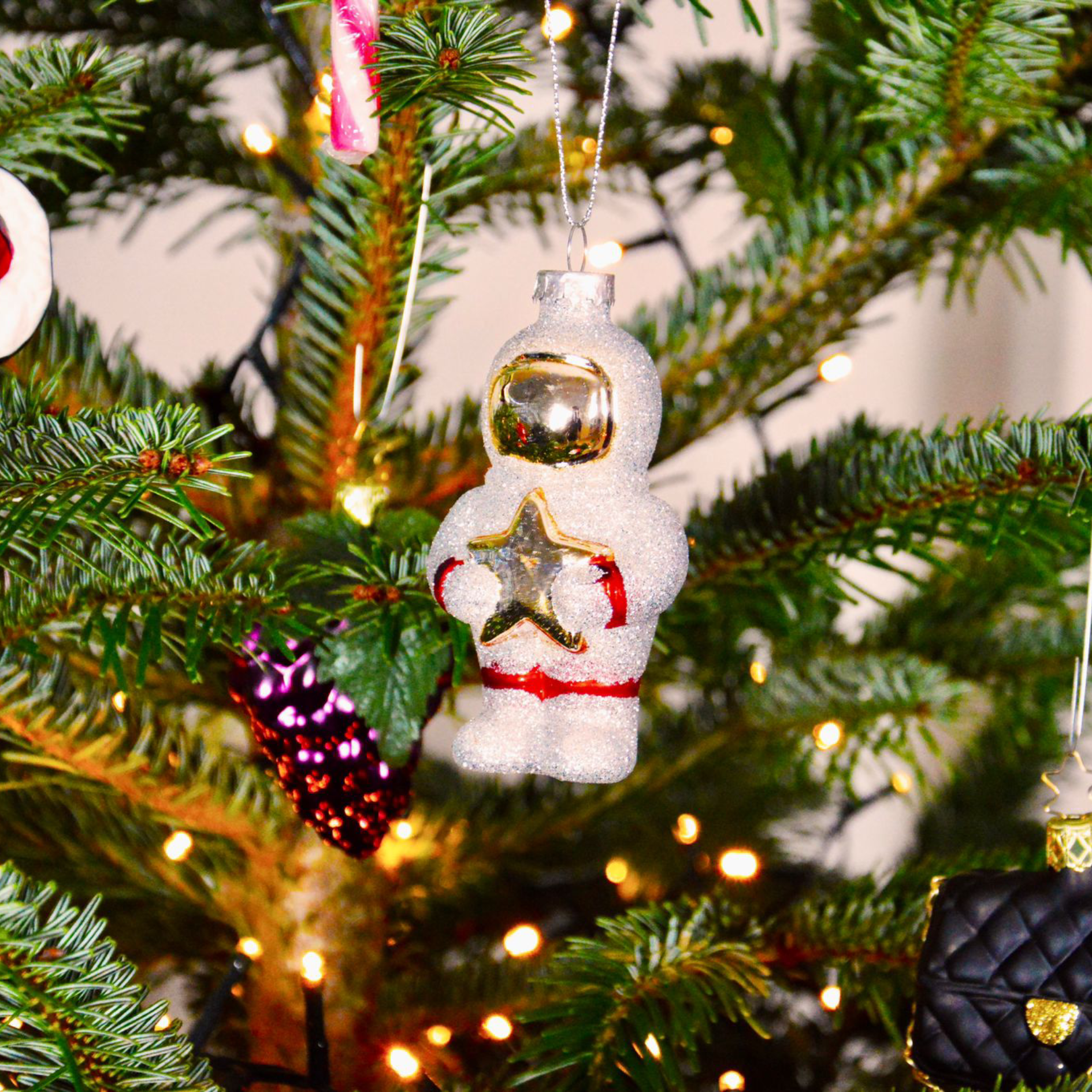 Astronaut, zilver, goud, man, ruimte, kerstbal, glazen ornament, kerstboom