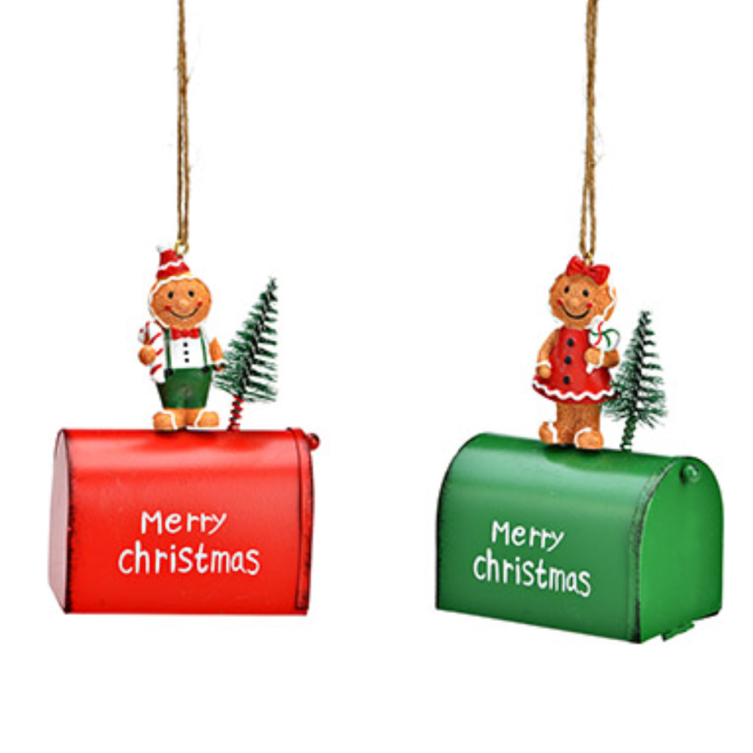 Letterbox, brievenbus, kersthanger, kerstbal, rood, groen, metaal, peperkoek