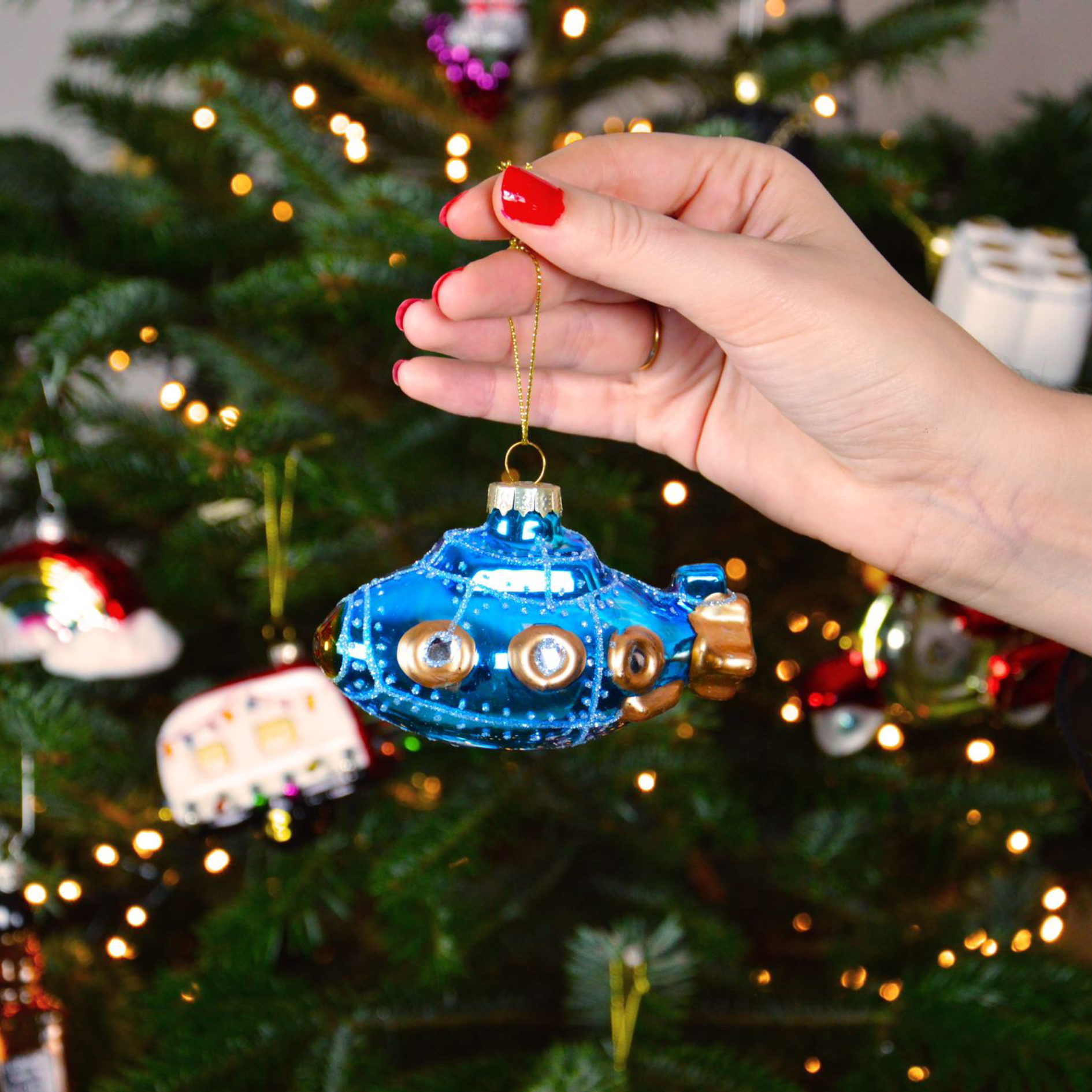 onderzeeer, blauw, in, kerstboom, goud, kerstbal, zee, onderwater