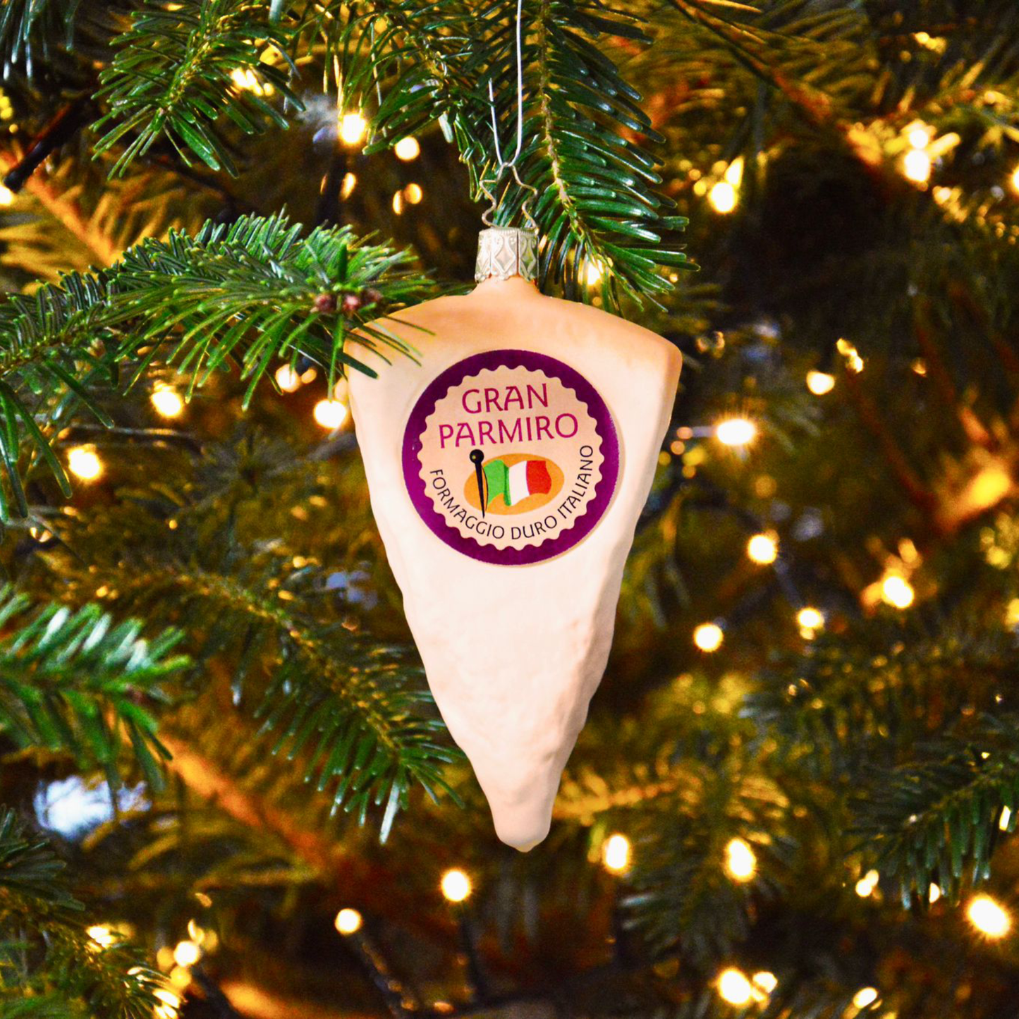 Parmezaan, Parmezaanse kaas, kerstbal, geel, oranje, kerstornament, van glas, glazen, kaas kerstbal, kerstboom