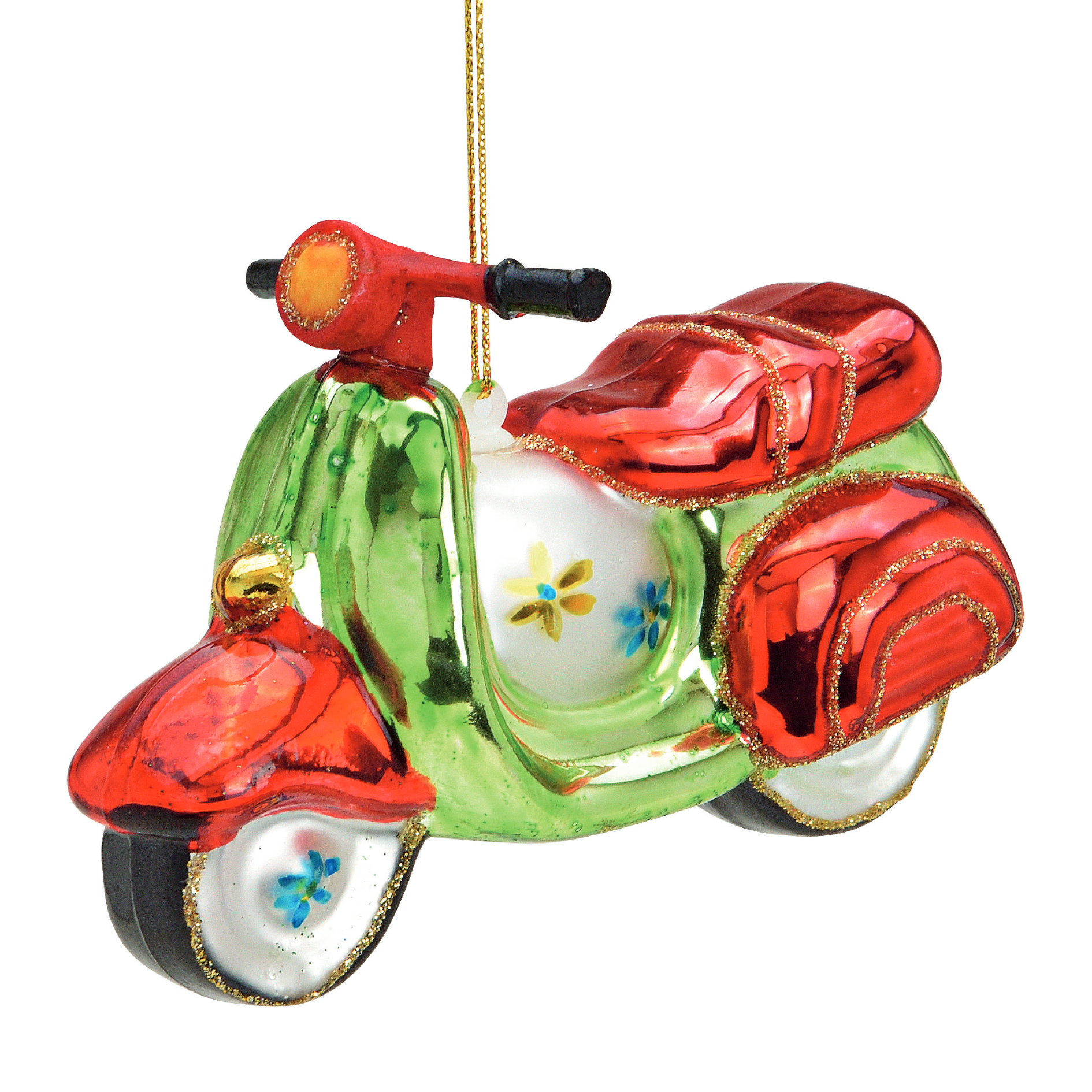 Glazen kerstornament van een groene en rode scooter, 8 cm hoog