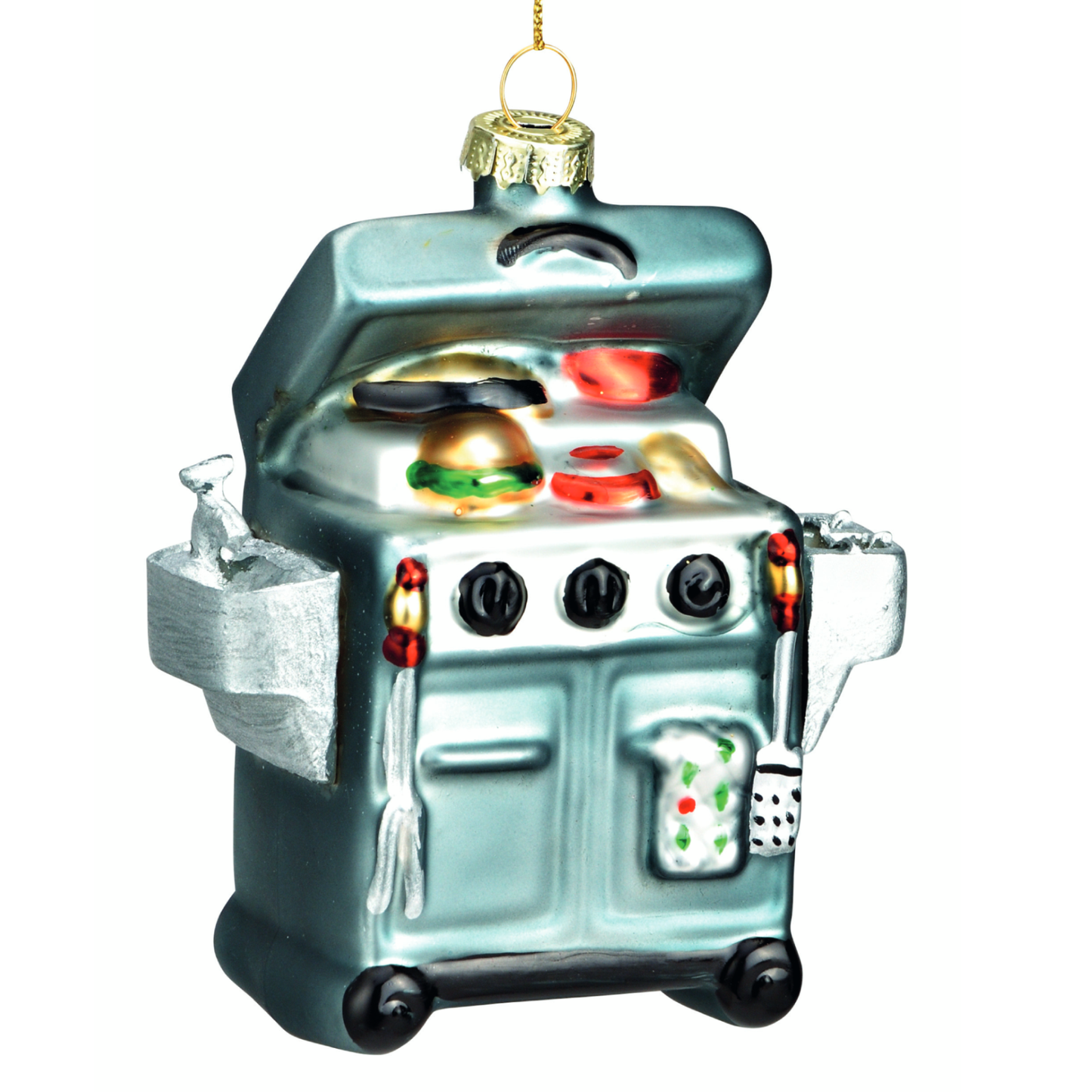 Glazen kerstornament van een moderne blauwe BBQ, 11 cm hoog, als kerstbal, kersthanger en kerstfiguur.