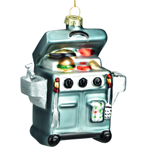 Glazen kerstornament van een moderne blauwe BBQ, 11 cm hoog, als kerstbal, kersthanger en kerstfiguur.