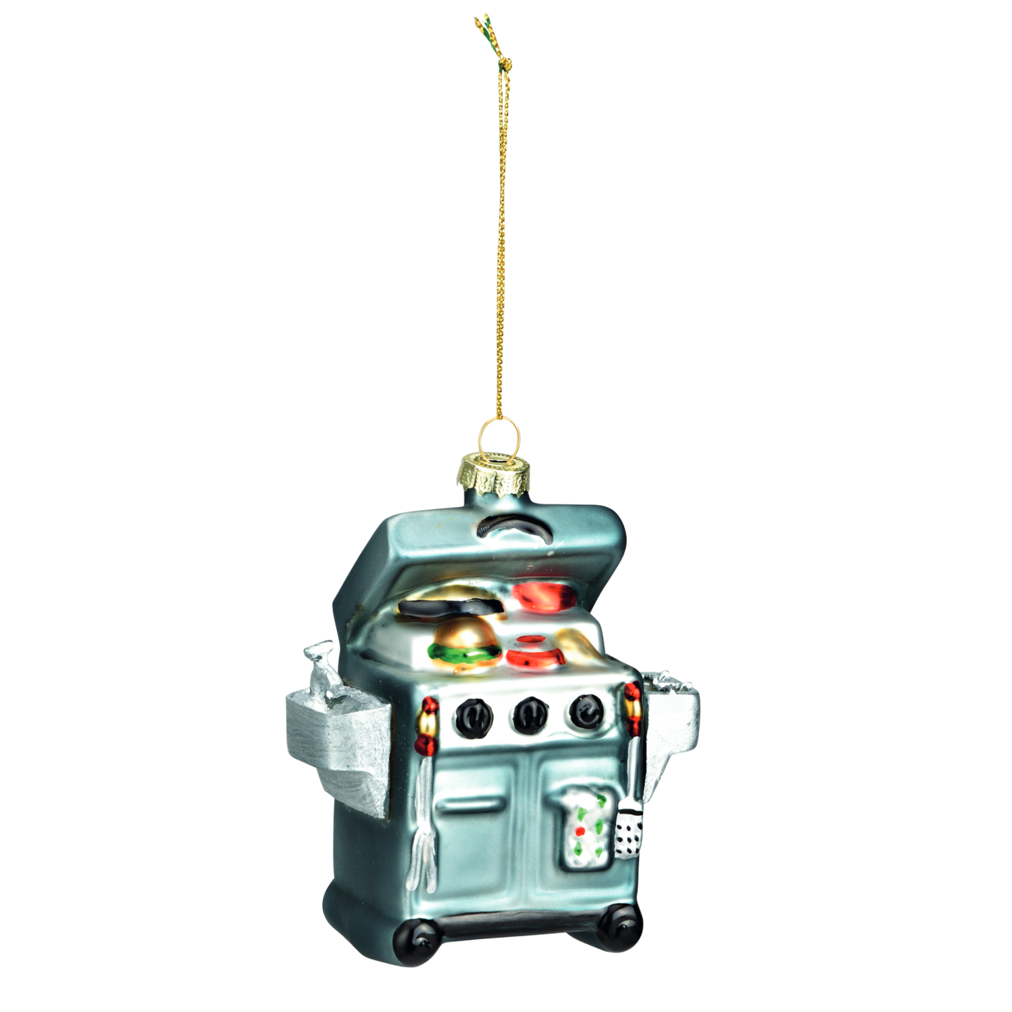 Glazen kerstornament van een moderne blauwe BBQ, 11 cm hoog, als kerstbal, kersthanger en kerstfiguur.