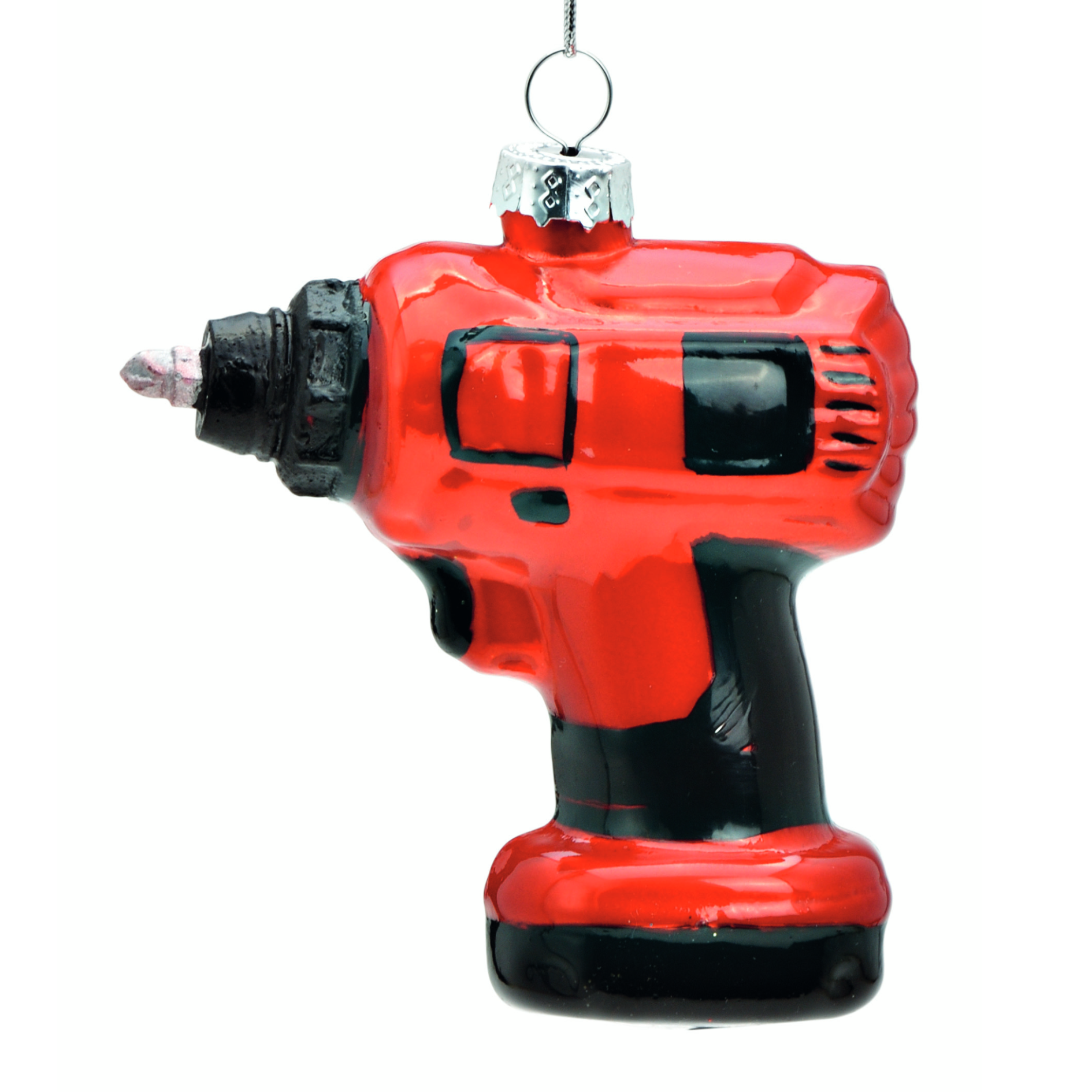 Nederlands: "Glazen kerstbal, rode boormachine, H9cm - een unieke toevoeging voor de klusser in de kerstsfeer