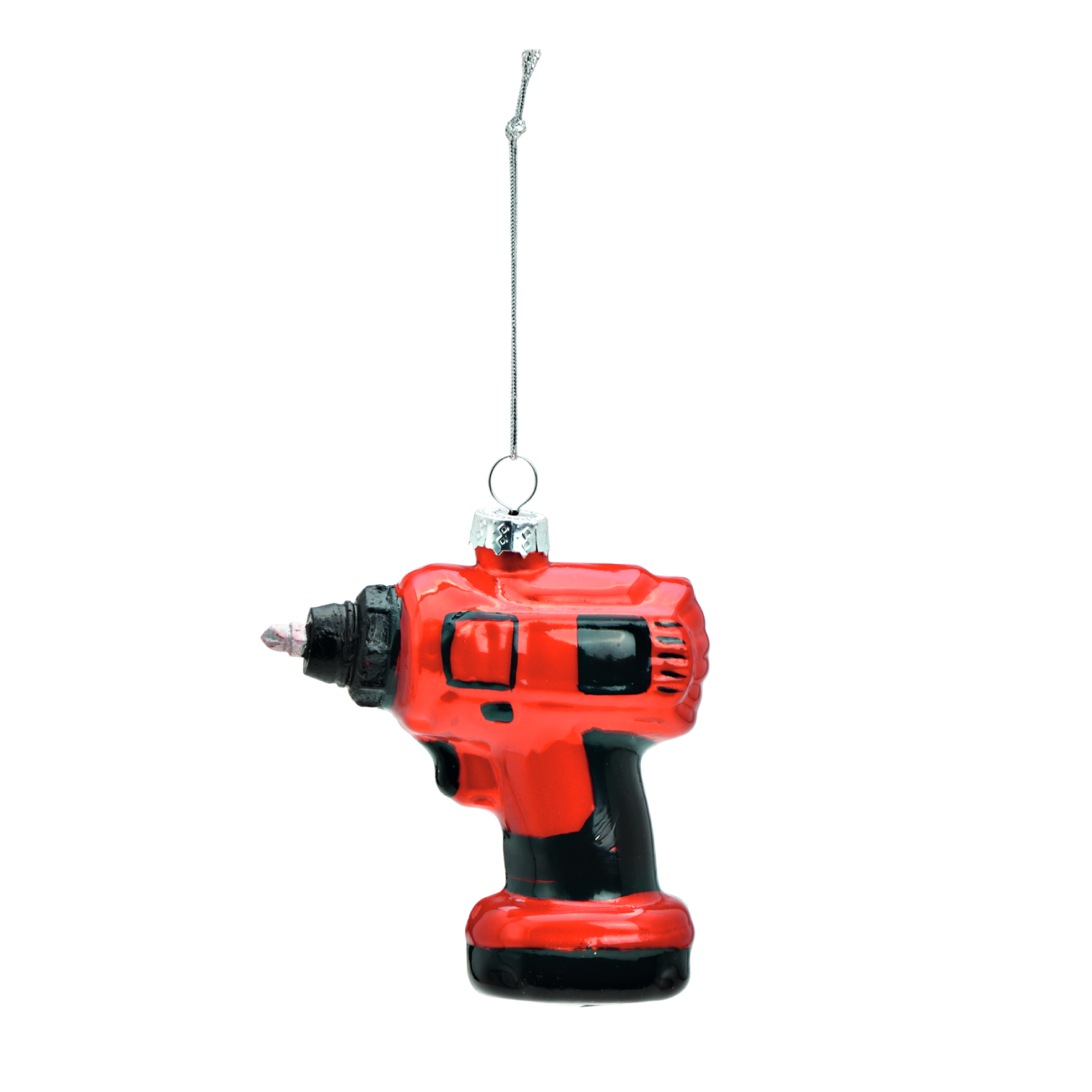 Glass Christmas ornament, red drill machine, H9cm - a unique addition for the handyman in the holiday spirit.