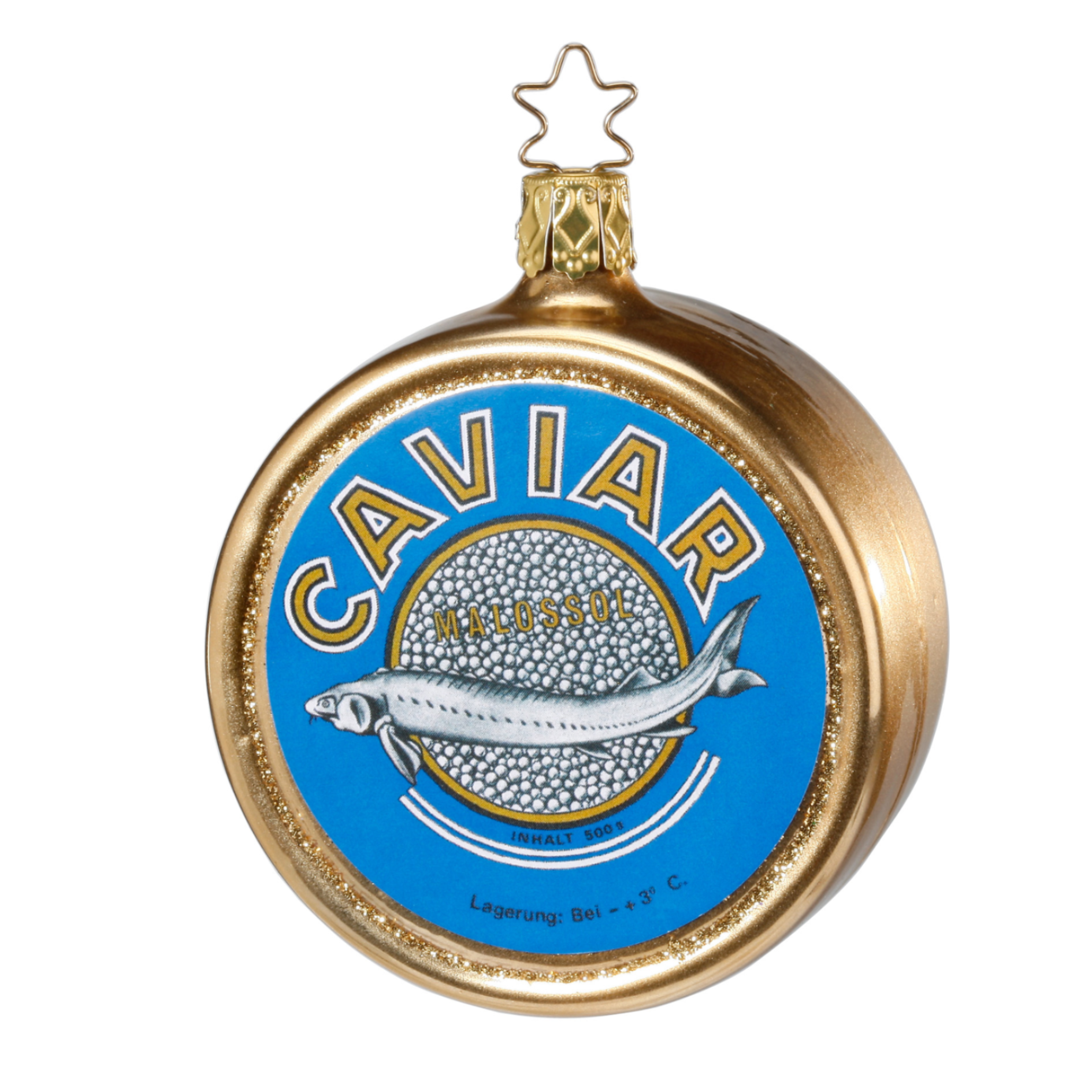 Glazen kerstornament van een kaviaarblikje, 8,5 cm hoog, als kerstbal, kersthanger en kerstfiguur