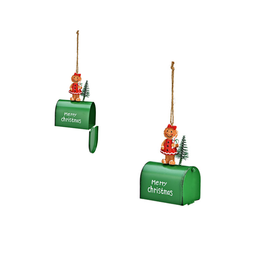Metalen Ornament Brievenbus met Peperkoek Poppetje (Rood of Groen) H1 cm
