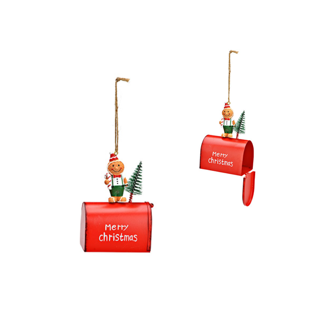 Metalen Ornament Brievenbus met Peperkoek Poppetje (Rood of Groen) H1 cm