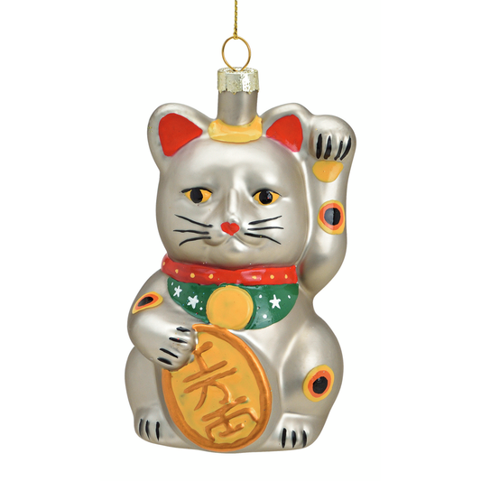 Glazen kerstornament van een zilveren Maneki Neko gelukskat, 11 cm hoog, als kerstbal, kersthanger en kerstfiguur