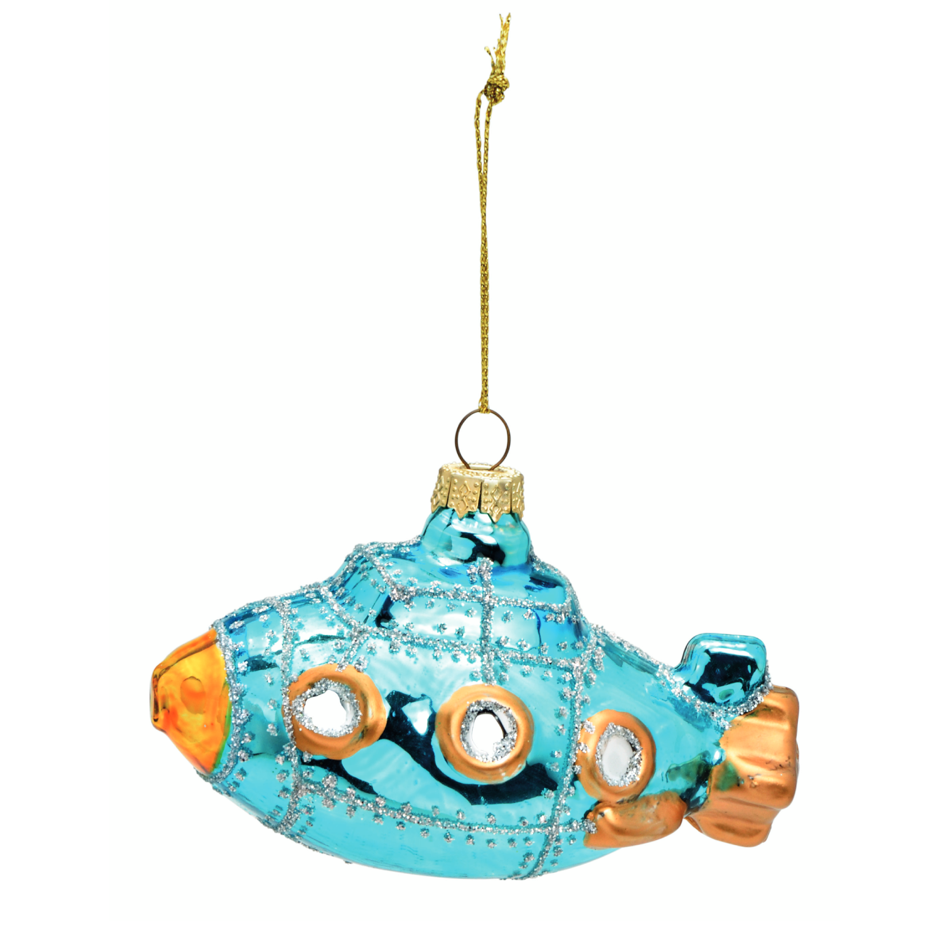 Glass Christmas ornament of a blue submarine, 6cm in height, intricately designed