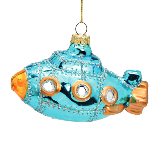 Glazen kerstornament van een blauwe onderzeeër, 6 cm hoog, gedetailleerd ontworpen, kerstbal onderzeer, kersthanger, kerstfiguur, blauwe kleur, Glass Christmas ornament of a blue submarine, 6 cm in height, intricately designed