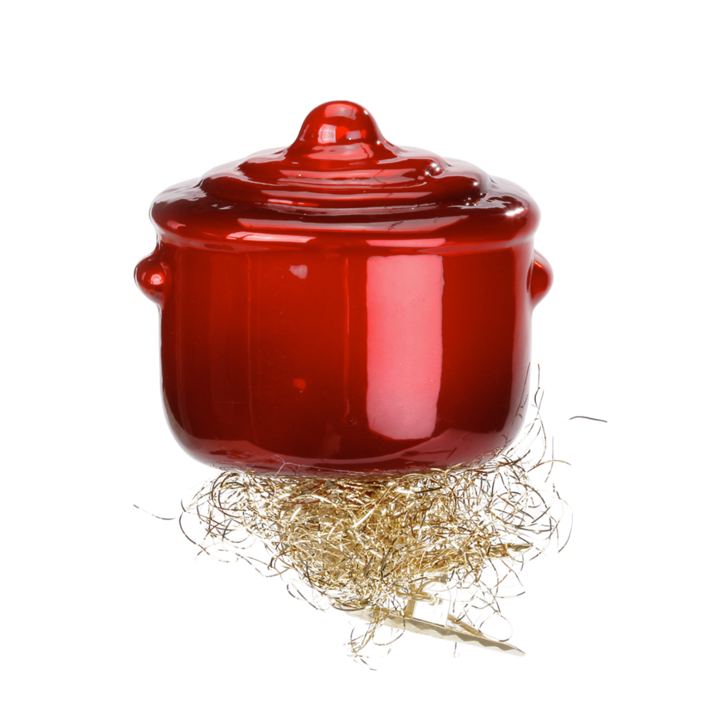 Glazen kerstornament van een rode gietijzeren pan, 7 cm hoog, als kerstbal, kersthanger en kerstfiguur.