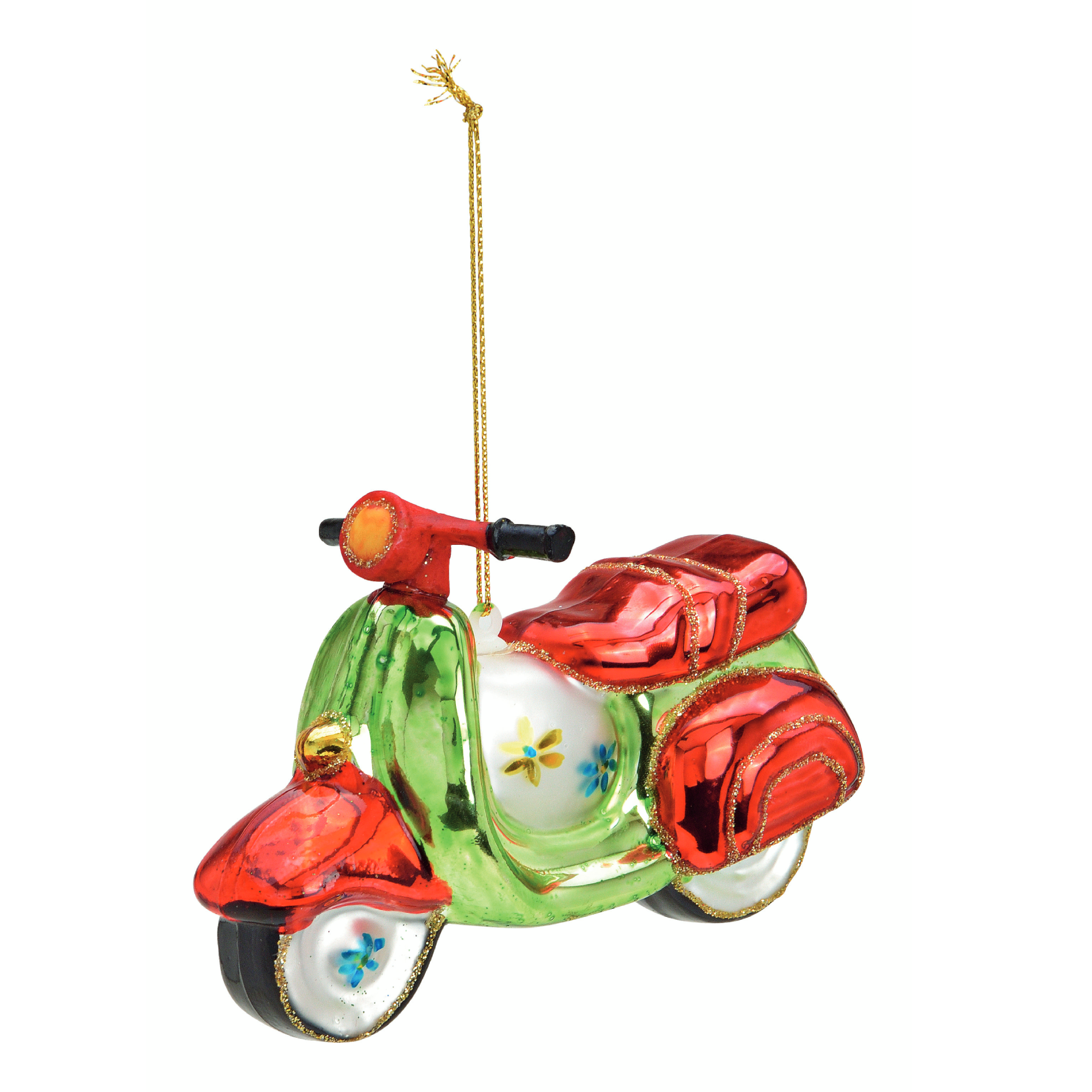 Glazen kerstornament van een groene en rode scooter, 8 cm hoog als kersthanger, kerstbal, kerstfiguur