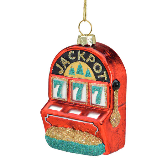 Glazen kerstbal, rode gokautomaat, H8cm - een speelse aanvulling op je kerstversiering