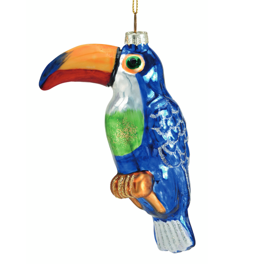 "Kleurrijke glazen kerstbal van blauwe toucan (12cm) - unieke kerstversiering voor een feestelijke boom. Haal de tropen in huis!"  "Colorful glass toucan Christmas bauble (12cm) - unique holiday decoration for a festive tree. Bring the tropics to your home!"