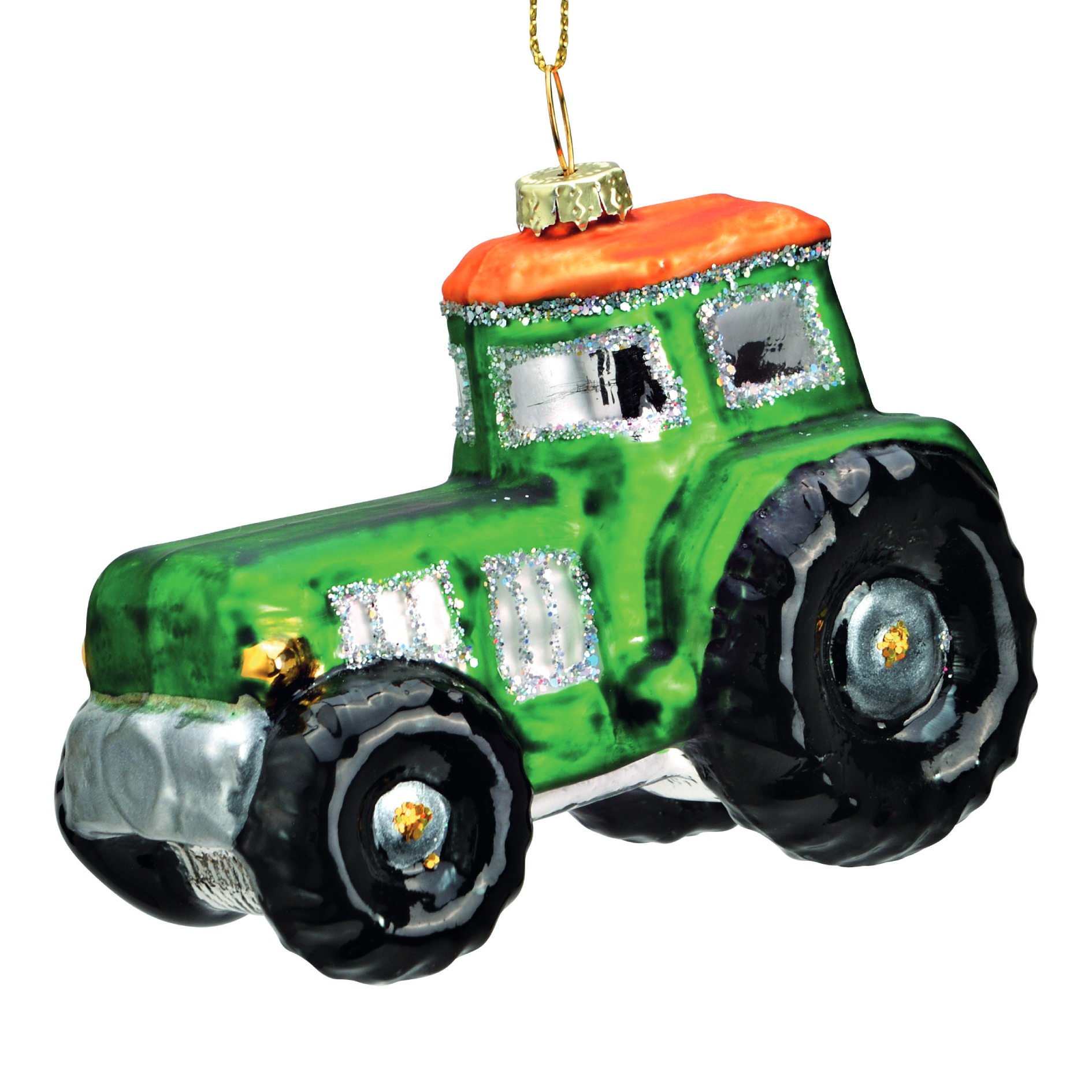 Groene tractor van glas (hoogte 7 cm) - perfect voor een landelijke kerstsfeer. Voeg deze unieke kersthanger toe aan je collectie!"  Engels: "Green glass tractor ornament (height 7 cm) - perfect for a rustic Christmas ambiance. Add this unique Christmas ornament to your collection!"