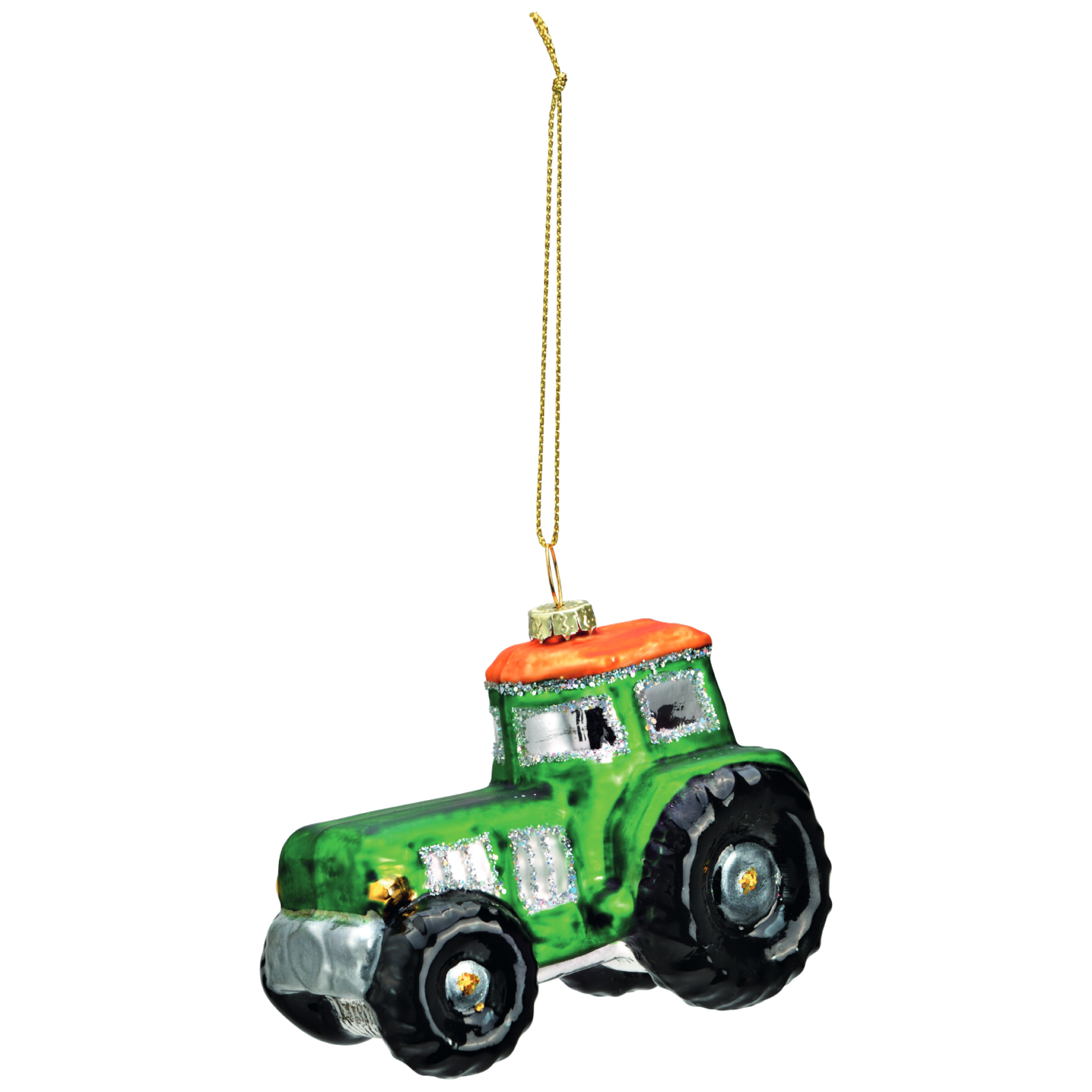 Groene tractor van glas (hoogte 7 cm) - perfect voor een landelijke kerstsfeer. Voeg deze unieke kersthanger toe aan je collectie!"  Engels: "Green glass tractor ornament (height 7 cm) - perfect for a rustic Christmas ambiance. Add this unique Christmas ornament to your collection!"
