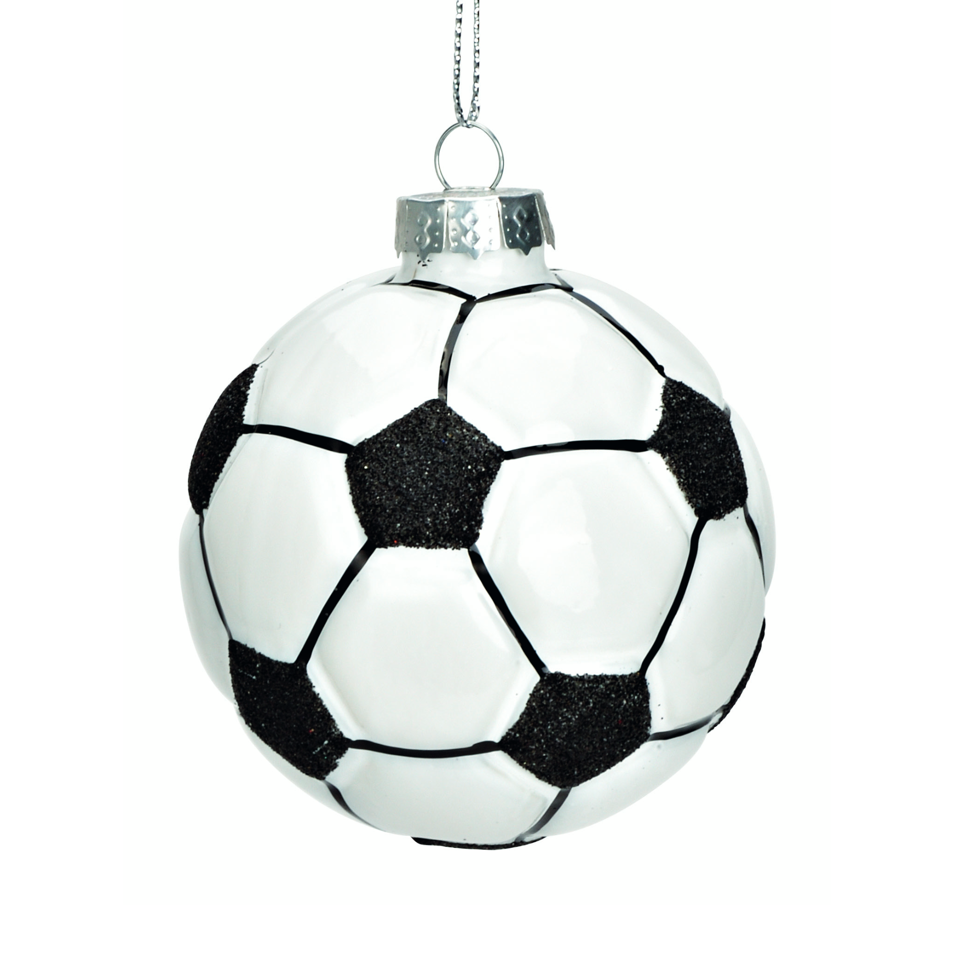 Glazen kerstbal, wit/zwarte voetbal, 7cm - perfect voor de voetballiefhebber in je kerstversiering
