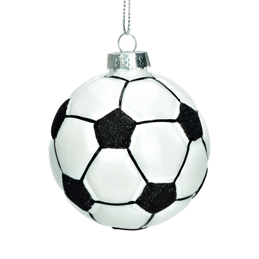 Glazen kerstbal, wit/zwarte voetbal, 7cm - perfect voor de voetballiefhebber in je kerstversiering