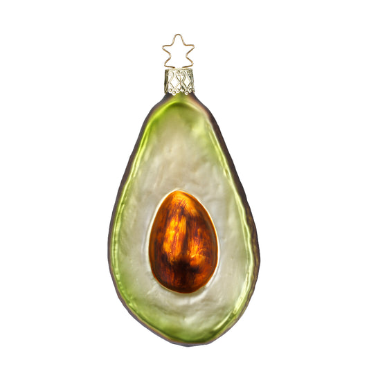 Glass avocado ornament, 11.5cm in height, showcasing intricate details of an avocado fruit design, Glazen avocado kerstornament, 11,5 cm hoog, met gedetailleerde weergave van een avocado fruitontwerp., kerstbal avocado, kerstfiguur, kersthanger