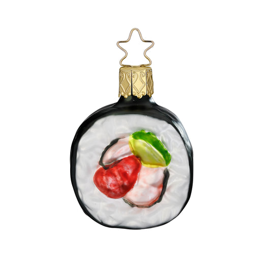 Glazen kerstornament van sushi maki, 5.5 cm hoog, als kerstbal, kersthanger en kerstfiguur, Glazen kerstornament, sushi maki, 5.5 cm hoog, als kerstbal, kersthanger en kerstfiguur.