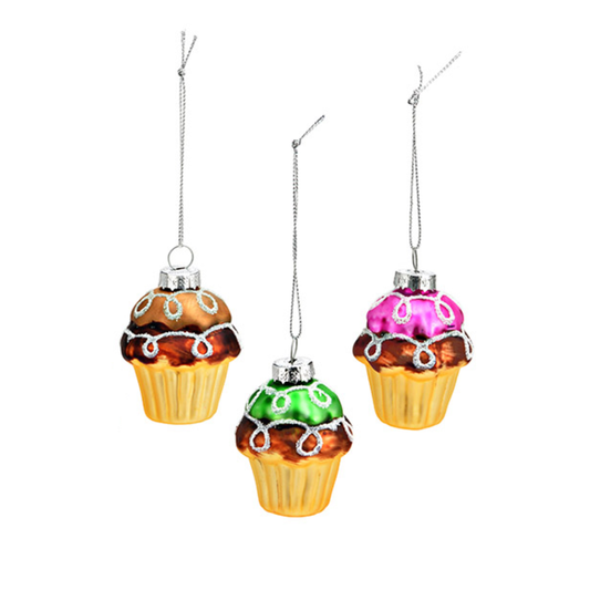 cupcake, muffin, kerstbal, glazen, ormanent, kerstballen set, roze, bruin, groen