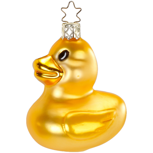 Glass Christmas ornament of a yellow rubber duck, 7.5cm in height, as a Christmas bauble, figurine, and hanging decoration, Glazen kerstornament van een gele badeend, 7,5 cm hoog, als kerstbal, kerstfiguur en kersthanger.