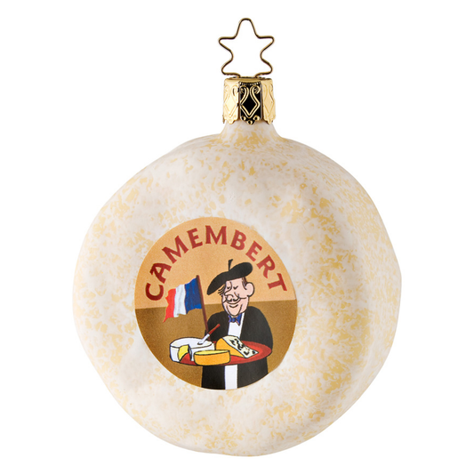 Glass Christmas ornament of a Camembert cheese, 8.5 cm high, as a Christmas bauble, ornament, hanging decoration, and figurine, Glazen kerstornament van een Camembert kaas, 8,5 cm hoog, als kerstbal, kerstornament, kersthanger en kerstfiguur