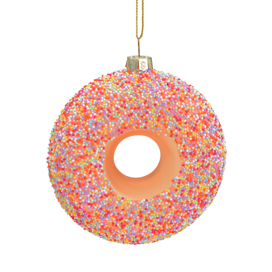 donut, donut onrnament, glazen ornament, ornament, kerst, roze, rood, kersthanger