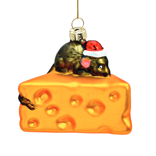 Glazen kerstbal, muis op kaas, H8cm, passend bij kerstdecoratie