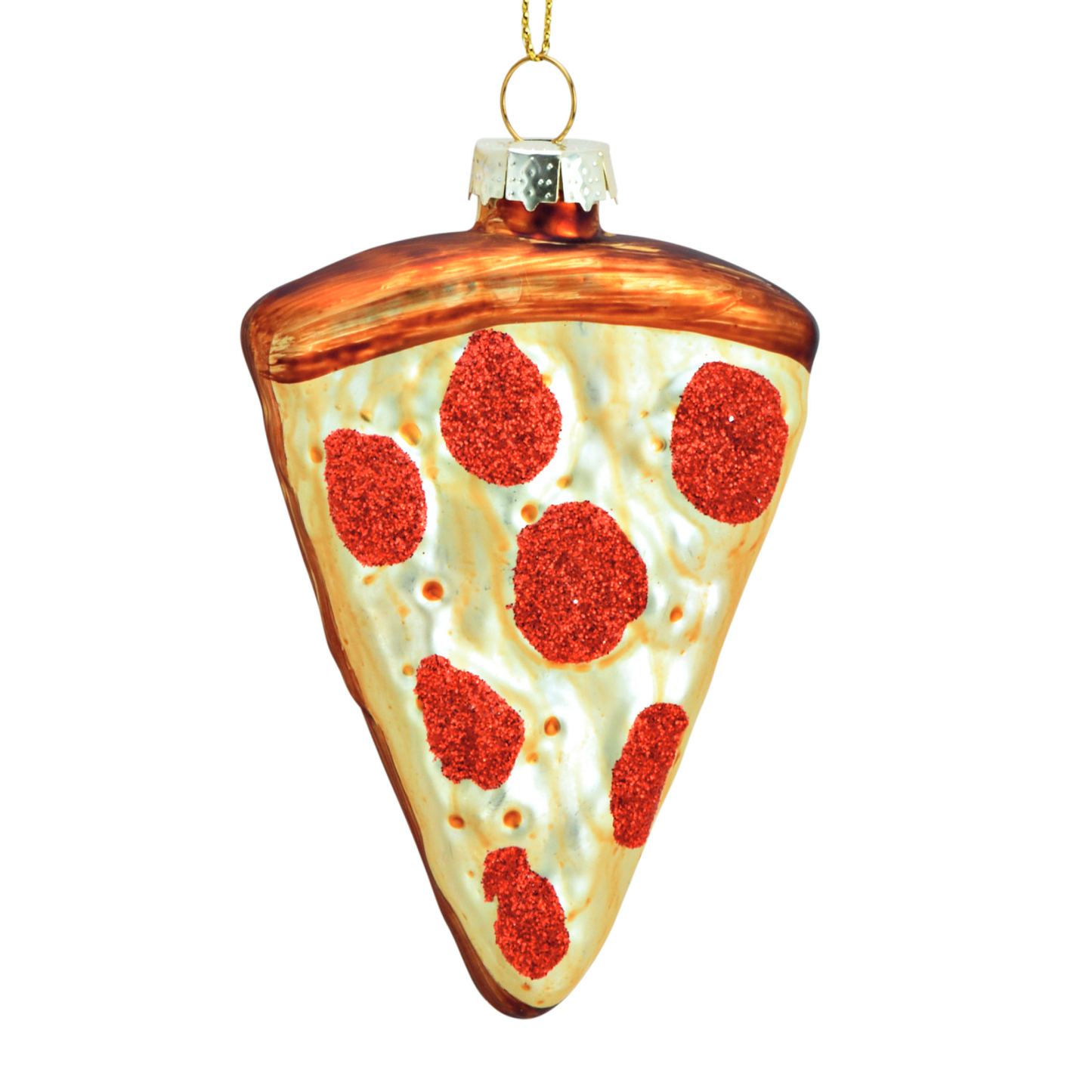 Glazen kerstornament van een pizzapunt, 10 cm hoog, als kerstbal, kersthanger en kerstfiguur.
