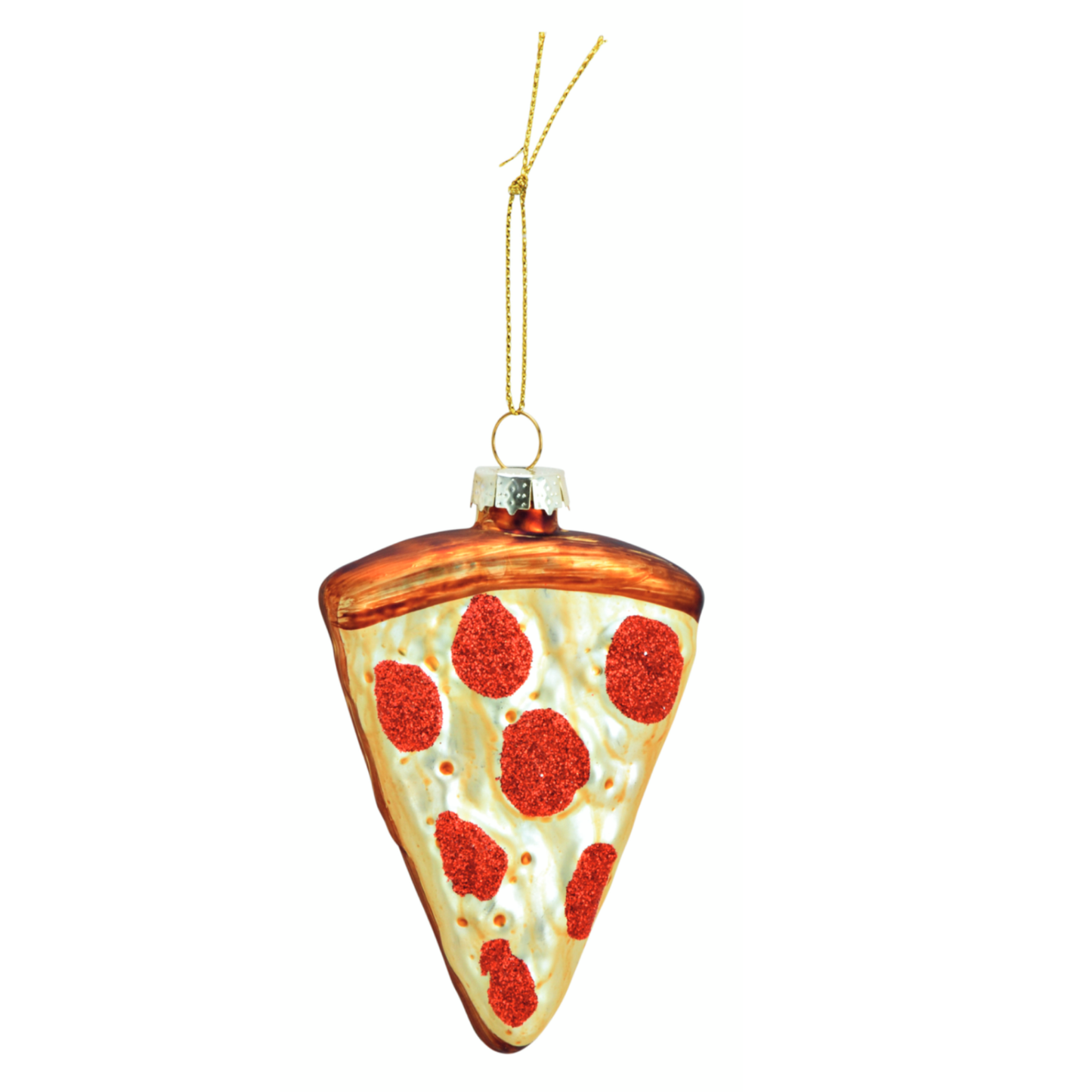 Glazen kerstornament van een pizzapunt, 10 cm hoog, als kerstbal, kersthanger en kerstfiguur.